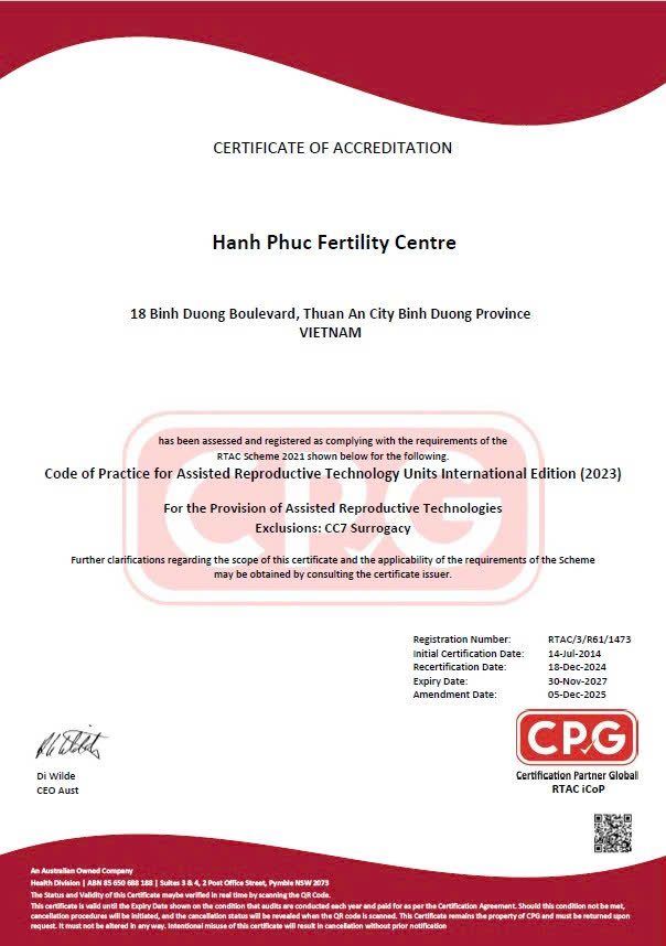 Trung tâm Hỗ trợ Sinh sản Hạnh Phúc đạt chứng nhận RTAC lần thứ 11